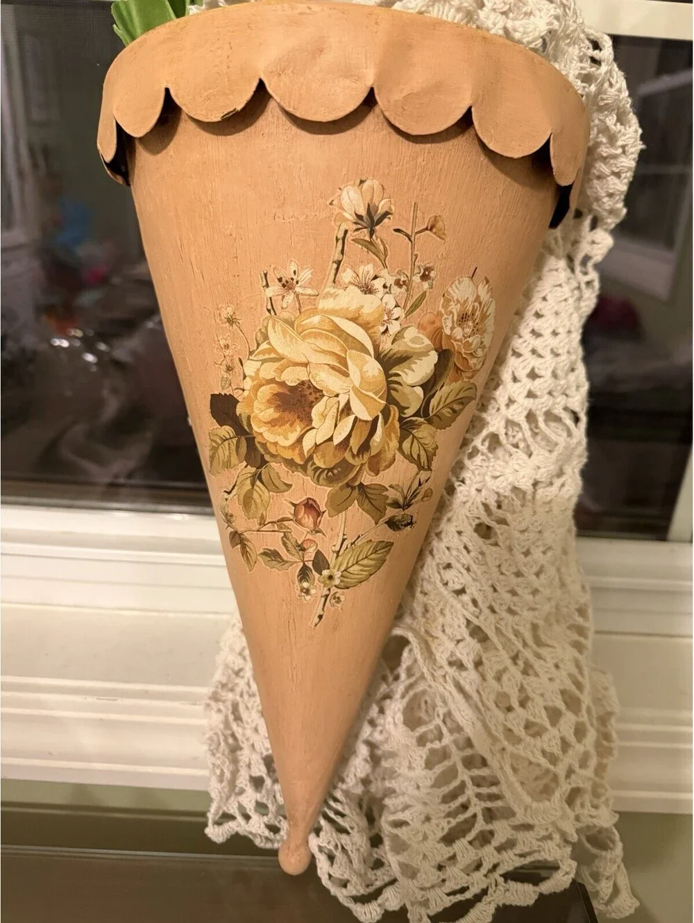 Country Metal Tole Floral Tin Wall Pocket, vase, cottagecore wall pocket